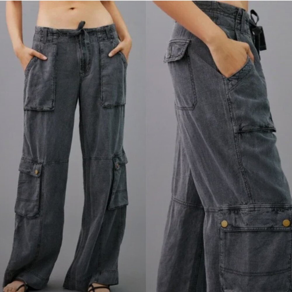 Pilcro Black Wide Leg Pants Cargo Linen Blend 2X